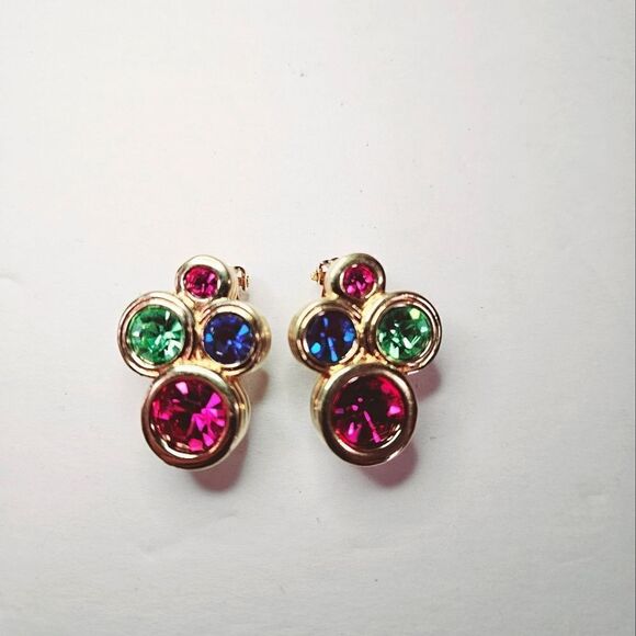 Vintage '80s Bezel Set Jewel Tone Multicolor Gold Tone Clip On Earrings - Picture 1 of 8